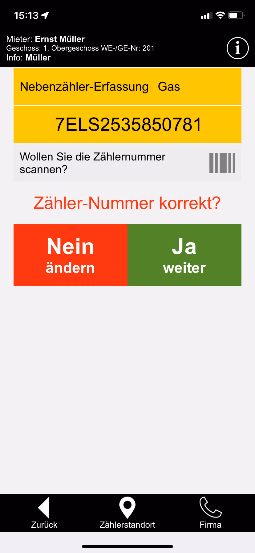 Zählernummer prüfen und erfassen